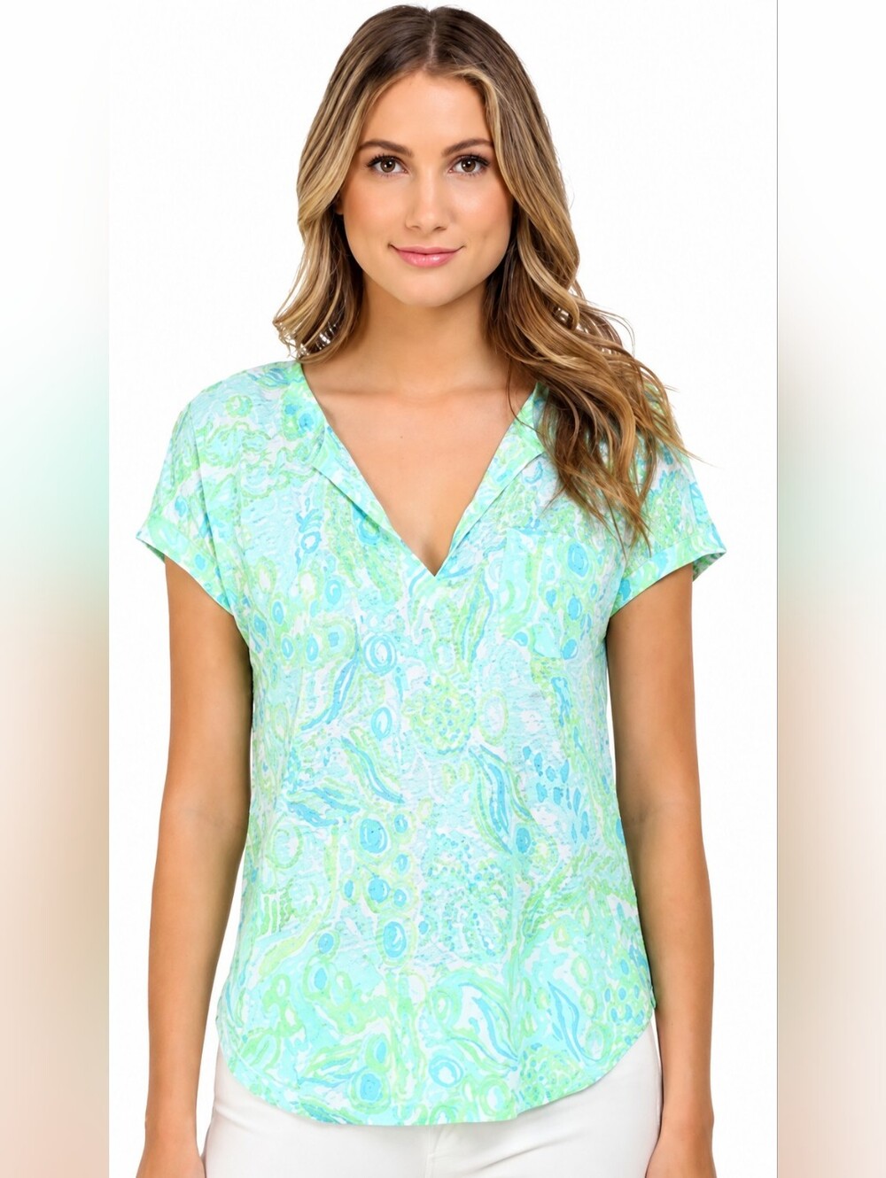 Lilly Pulitzer 100% Linen Duval t-shirt green/blue breast pocket size Small